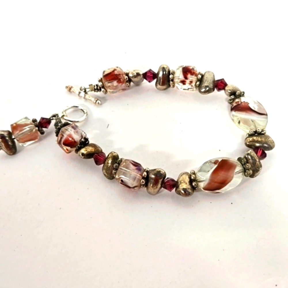 Artisan Art Glass Purple and White with Silvertone Beads Bracelet 8"